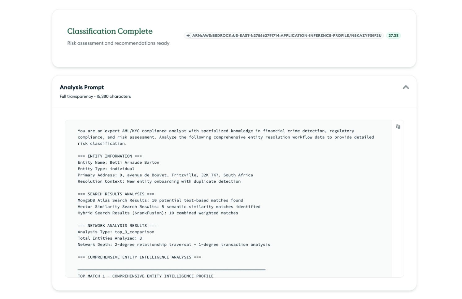 Example of an analysis prompt for AI entity classification.