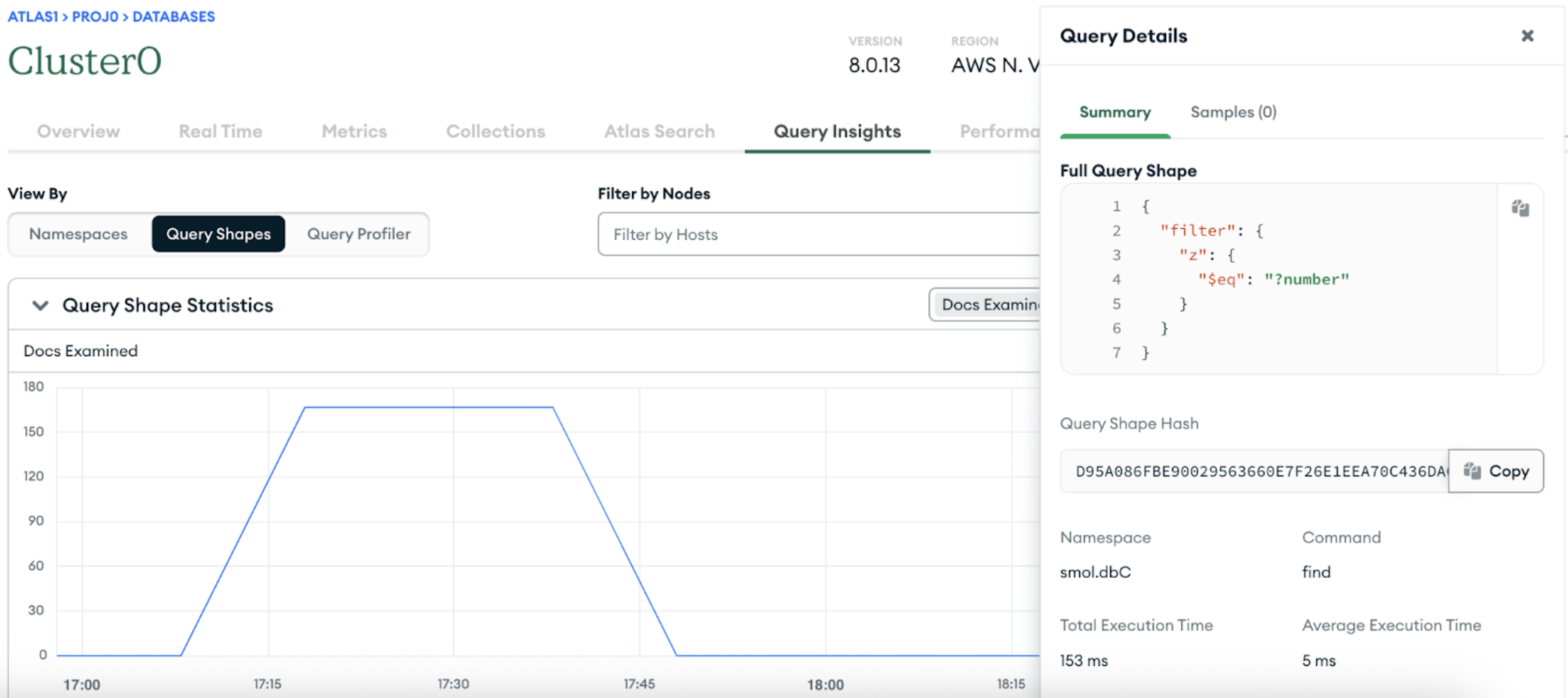 Screen capture of the Atlas UI showing a graph with Query Shape stats as well as a pop-up box showing query details. 