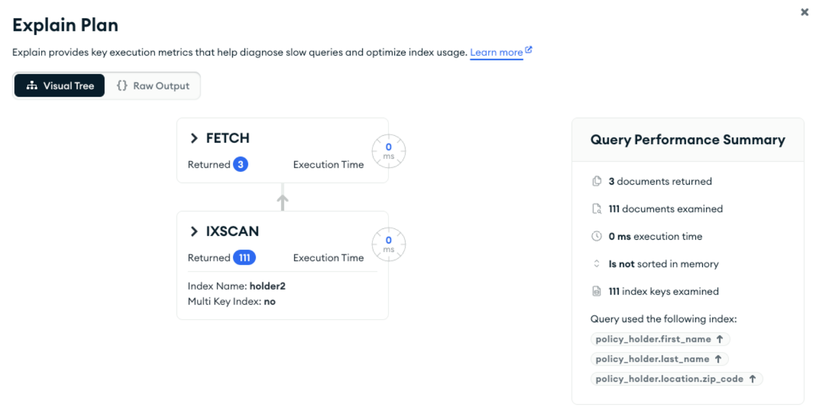 Explain plan showing that the index was used, but then 111 documents had to be examined and three were returned.