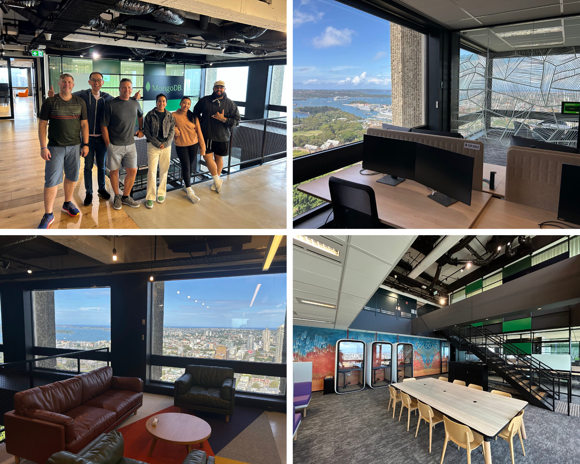 A collage of 4 images showing areas of the MongoDB Sydney office
