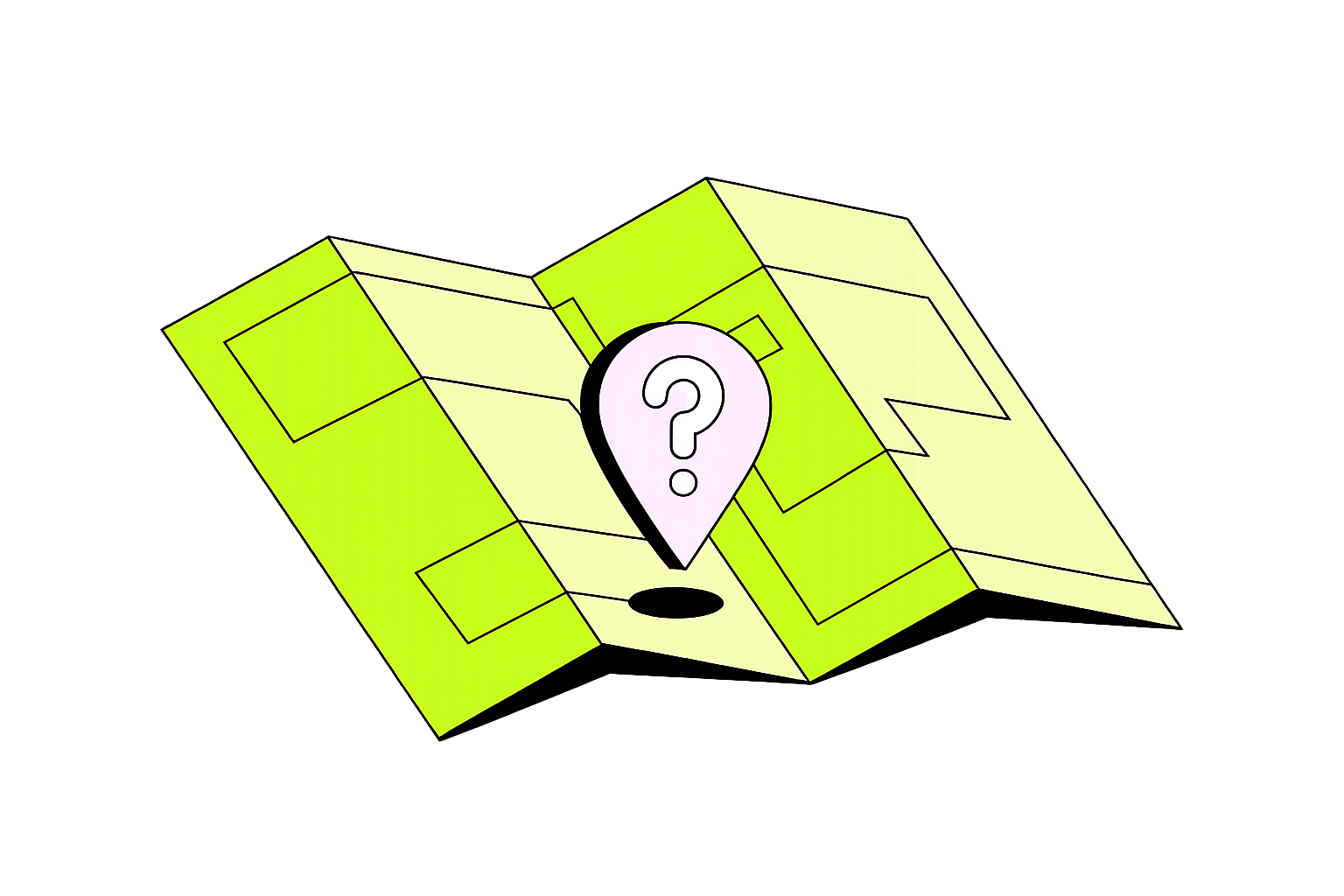 Illustration of a folded green map with a purple location pin containing a question mark, representing a missing or unknown page location.