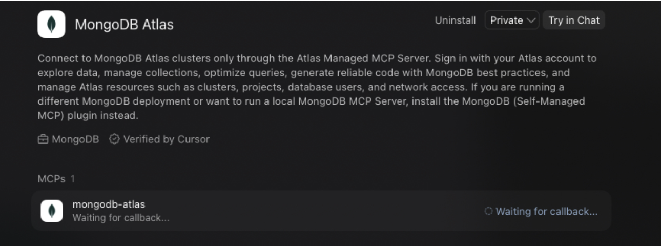 Screenshot of the MongoDB Atlas plugin in Grok Build showing the status "Waiting for callback..." under the mongodb-atlas MCP server.