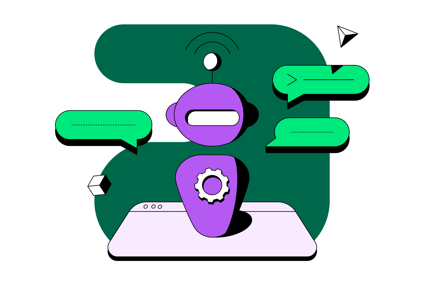 Illustration depicting AI. A purple robot has speech bubbles floating around it