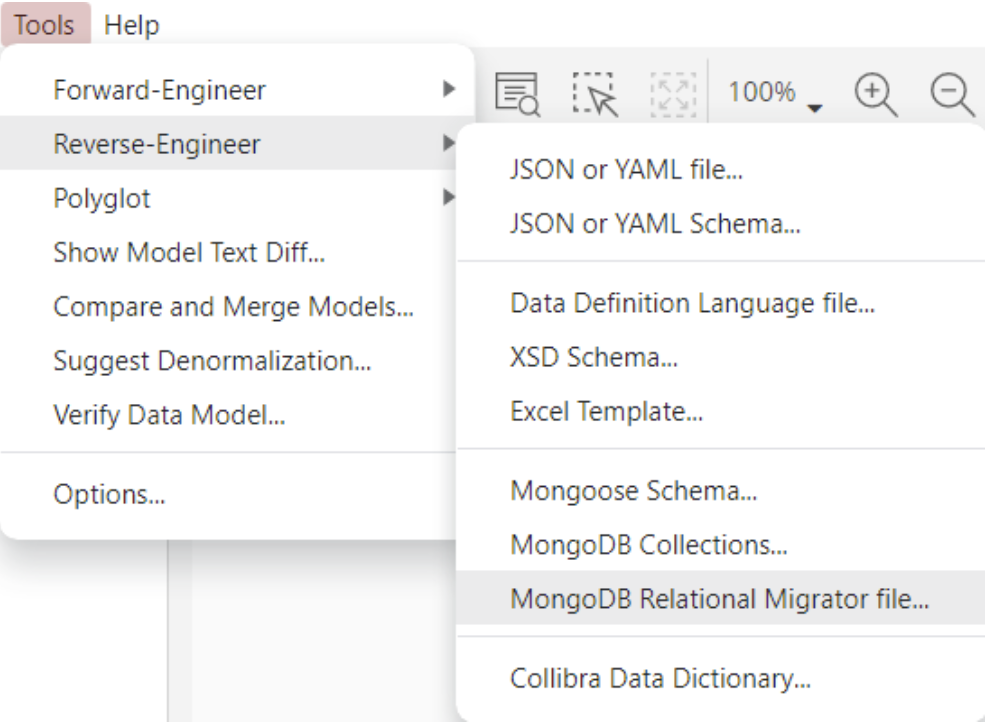 Screenshot of the menu for importing Relational Migrator in Hackolade Studio. Go to tools, then