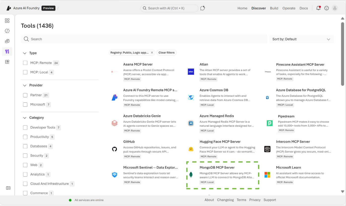 Screenshot showing the selection of the 'MongoDB MCP Server' within the Tools Catalog in the Microsoft Foundry interface.