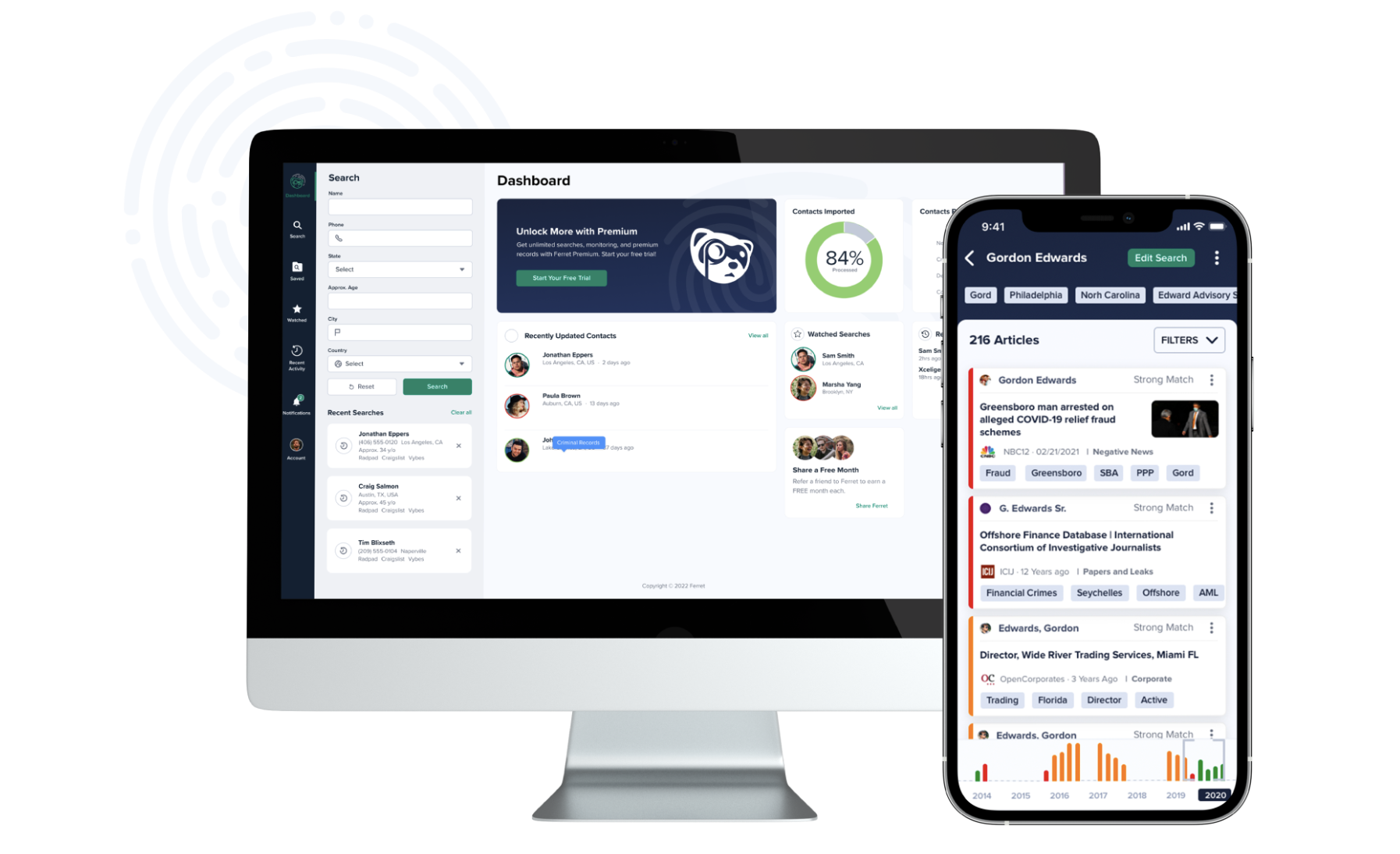 Image of a computer and phone with the Ferret.ai site and app open.