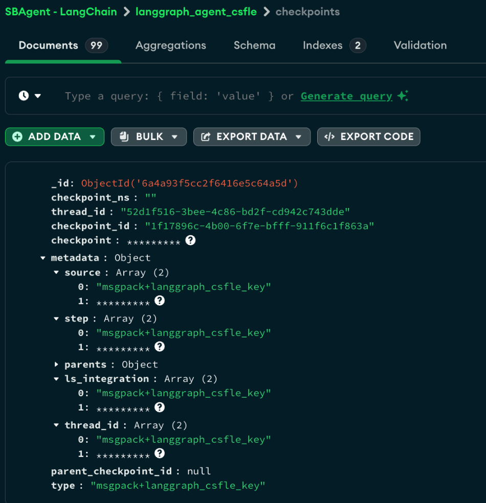 MongoDB Compass screenshot showing the LangGraph checkpoint collection after CSFLE integration, where checkpoint payloads and binary fields are successfully encrypted and displayed as masked ciphertext.
