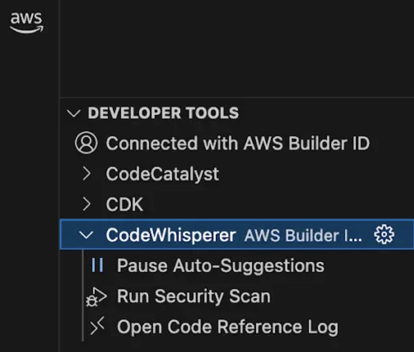 Screen grab of the developer tools drop down window for Amazon CodeWhisperer