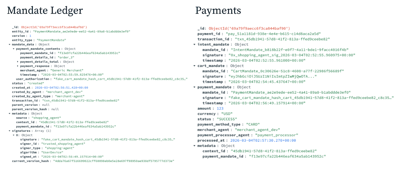 Side by side document model code examples for Mandate Ledger and Payments. 