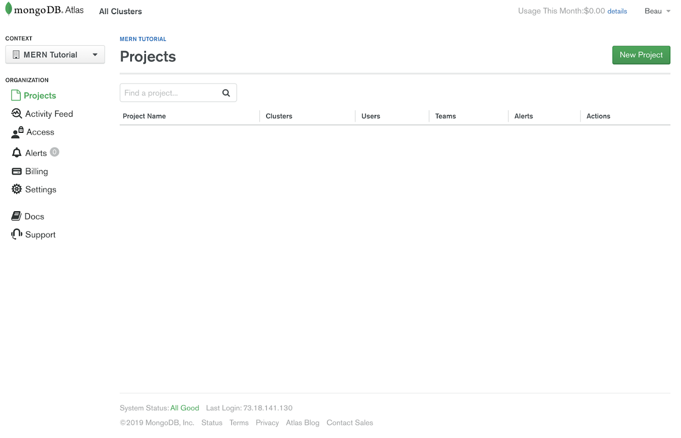 Projects screen