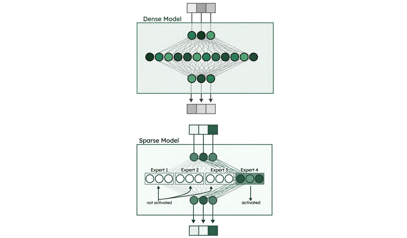 Diagram showing the structure of a dense model versus a sparse model. 