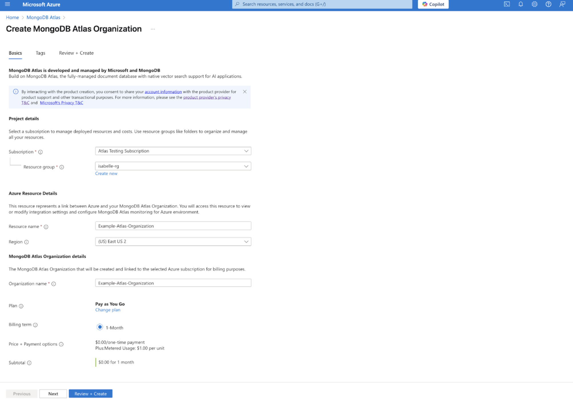 Screenshot showing the dashboard for setting up a MongoDB Atlas organization and choosing an Azure plan