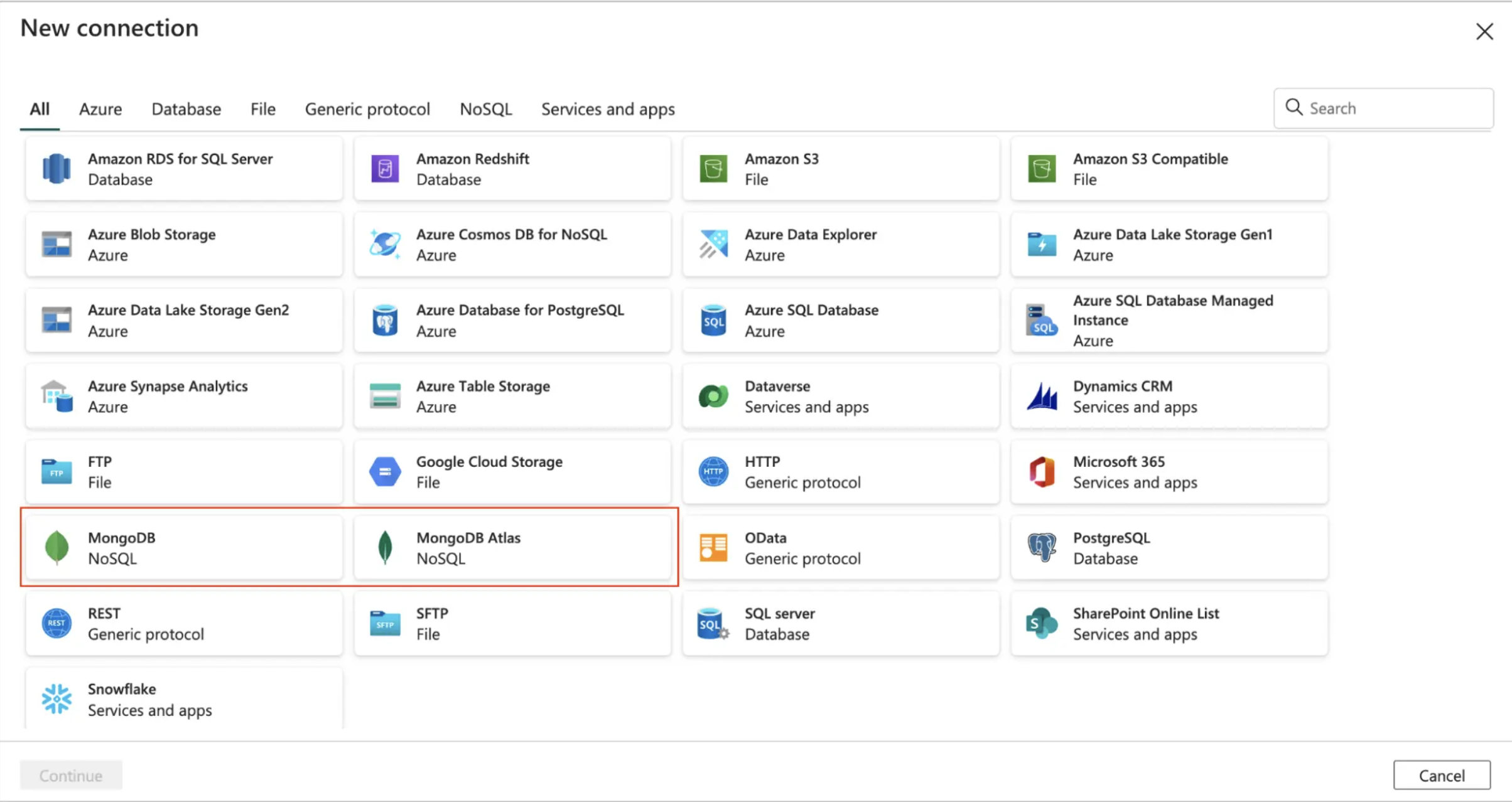 Screen grab of choosing MongoDB Atlas as the database within Fabric. 