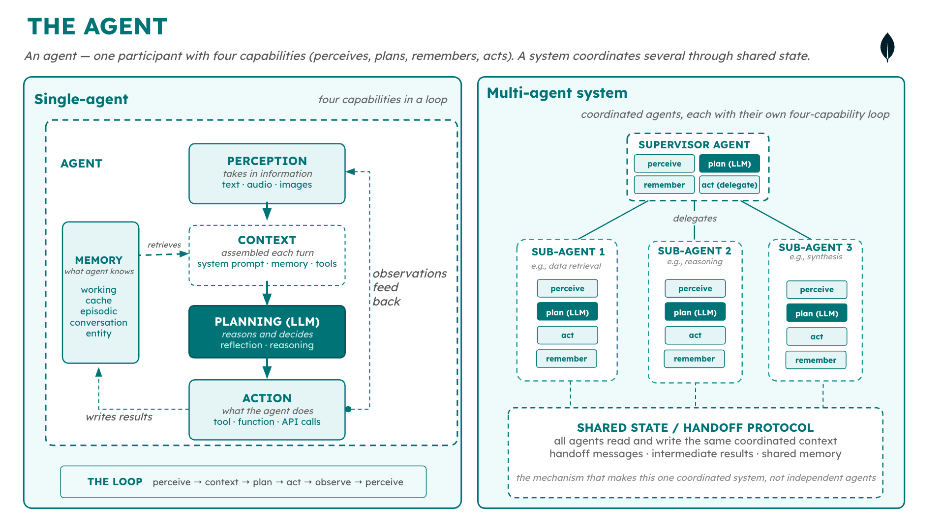 Diagram depicting the agent workflow, where there is one participant with four capabilities.