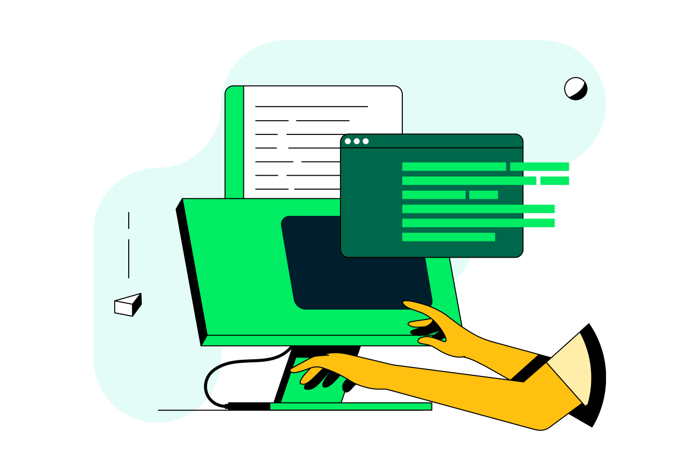 Illustration of hands typing on a laptop and a superimposed desktop window with some code on it.