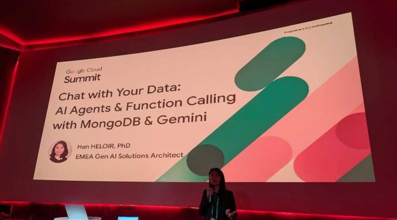 Photo of Han speaking at Google Cloud Summit