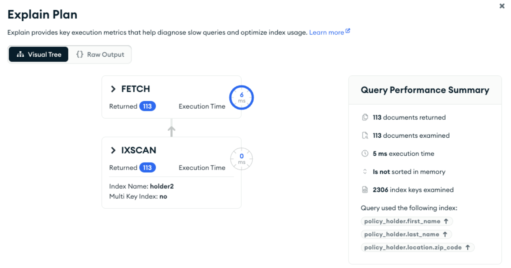 Explain plan showing that the index was used with 2,306 keys examined, 113 documents examined, and 133 returned. 