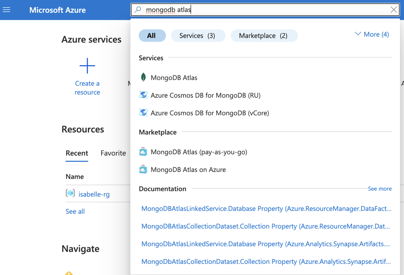 Screenshot showing the search function to search for MongoDB Atlas in the Azure portal