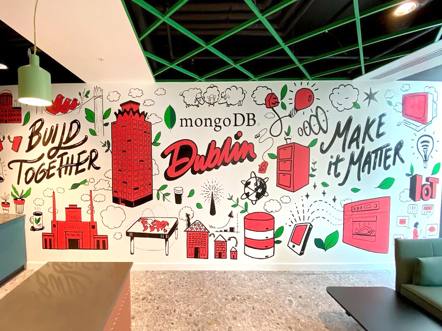 Image of a wall in the MongoDB Dublin office that is painted with Dublin relevant illustrations and text that says "Build together" and "Make it matter"