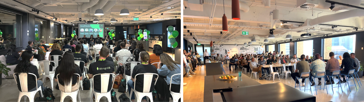 Two images of employees gathered to view presentations.