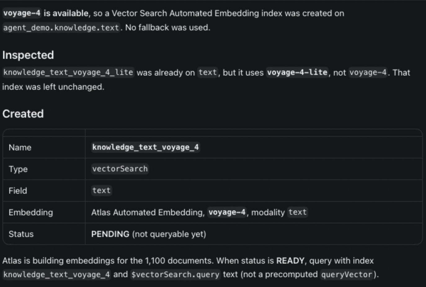Screenshot showing the details of the created vector search index named knowledge_text_voyage_4, including its type, target field, embedding model configuration, and pending status.