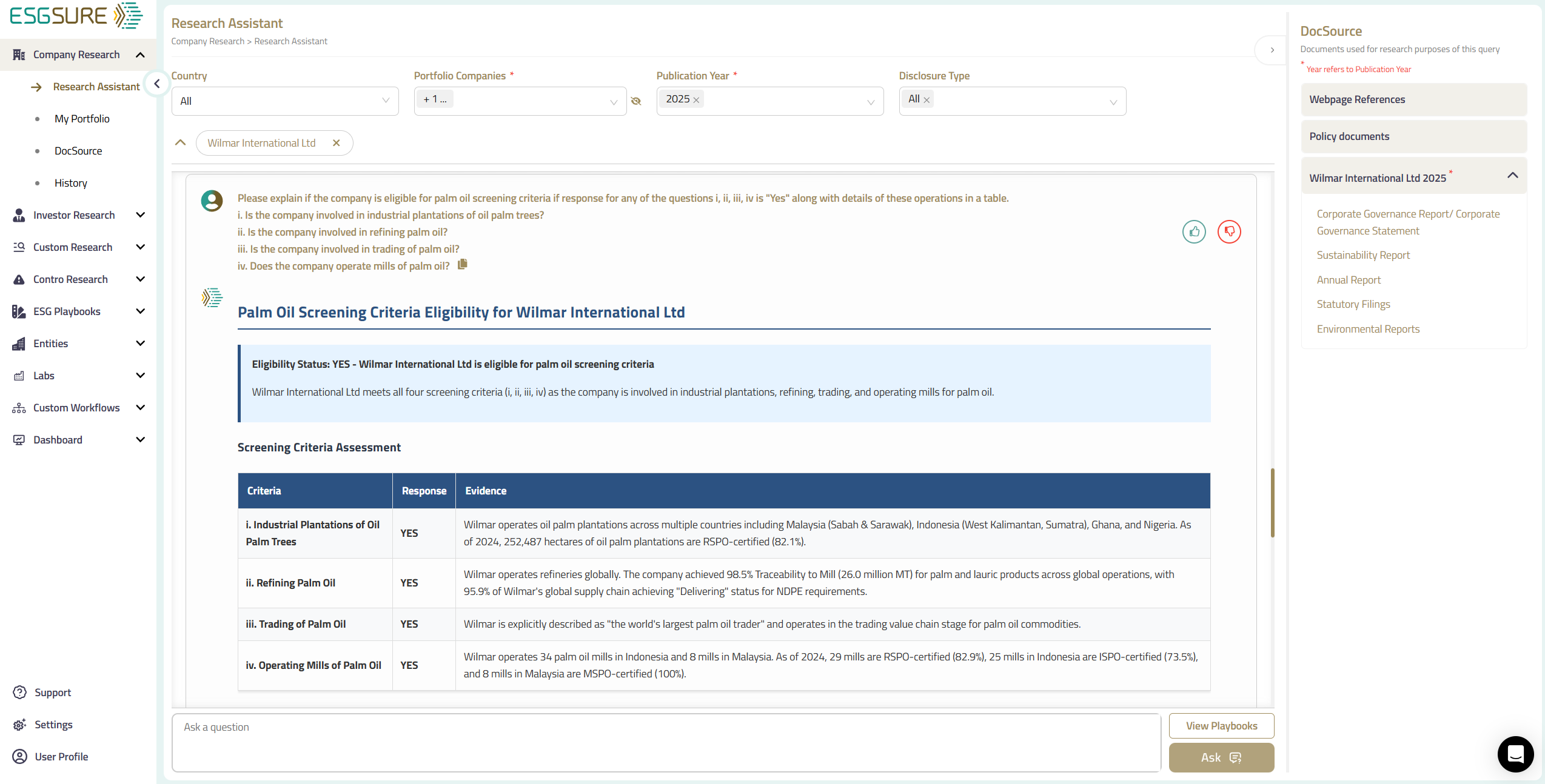 Example of a screening criteria search operated in the ESGSure platform