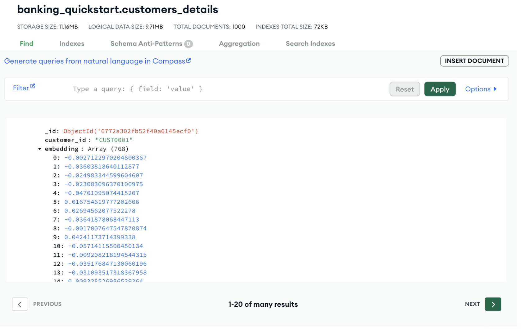 Screen grab of the banking_quickstart details. Shown via a dashboard in MongoDB Atlas.