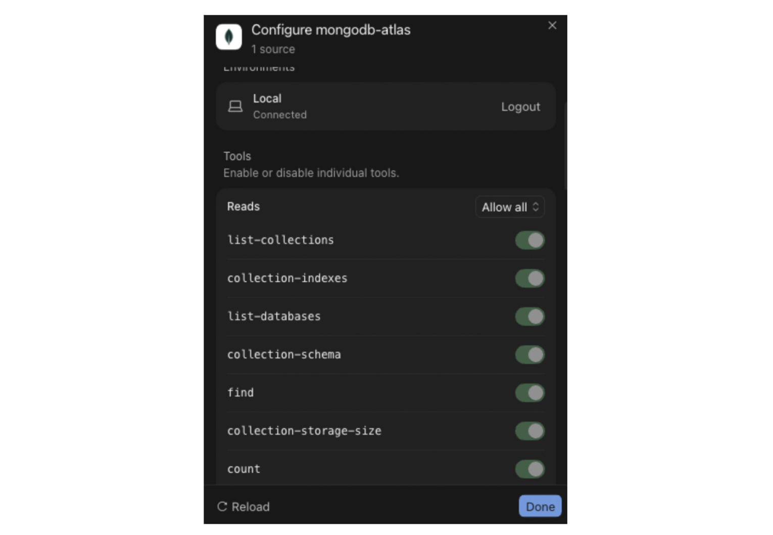 Screenshot of the MongoDB Atlas plugin configuration panel in Grok Build displaying toggles to enable or disable individual read tools such as list-collections, collection-indexes, list-databases, and find.