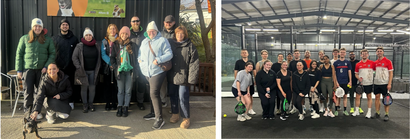 2 separate images of colleagues from MongoDB smiling together during volunteer opportunities.