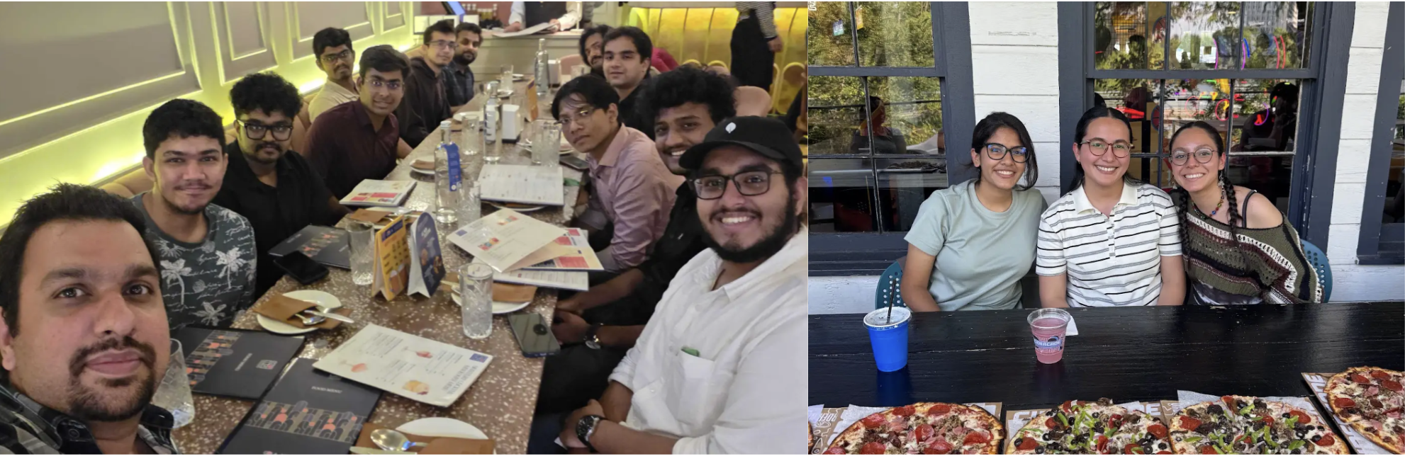 Photo of Ashcharya at a team lunch, and Maria at a team dinner.