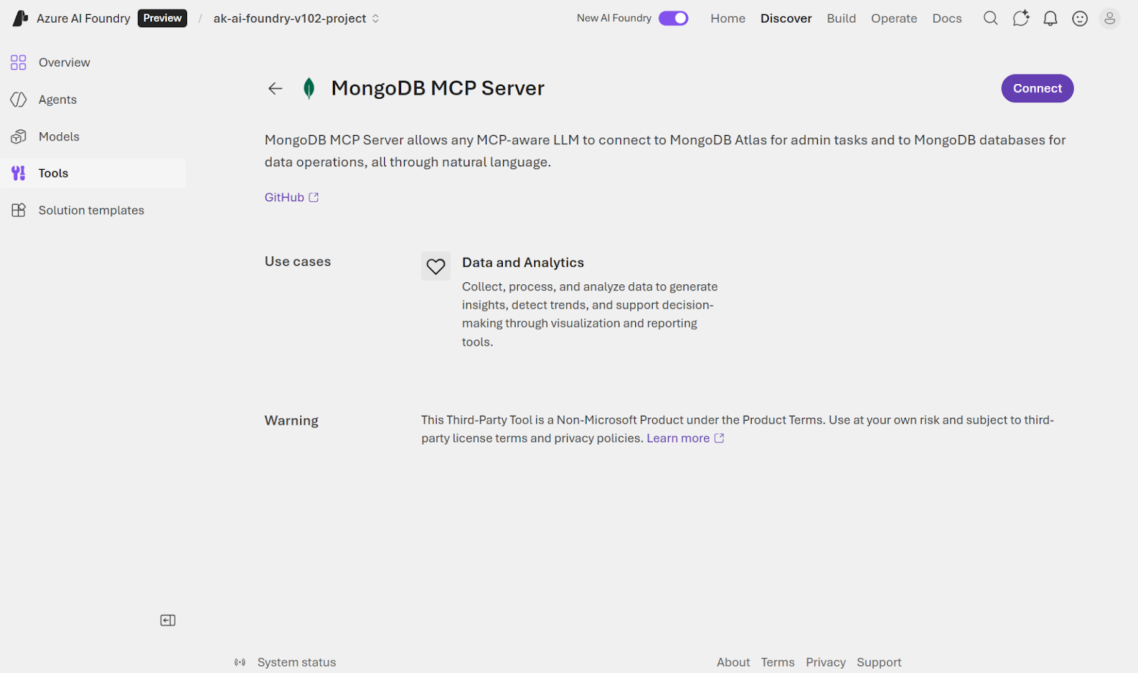 Screenshot showing the deployment instructions and link to a GitHub Bicep template after clicking 'Connect' for the MongoDB MCP Server in Microsoft Foundry.