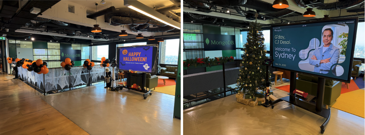 Image collage of 2 images. The image on the left shows Halloween decorations. The image on the right shows a Christmas tree.