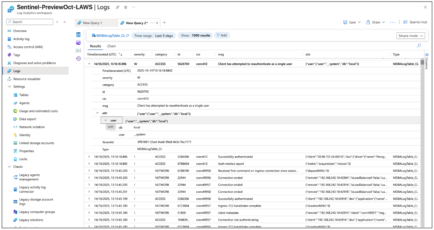 Screenshot of MongoDB Atlas logs as ingested into the MDBALogTable_CL table within Microsoft Sentinel, showing various log attributes like timestamp, category, severity, and message.
