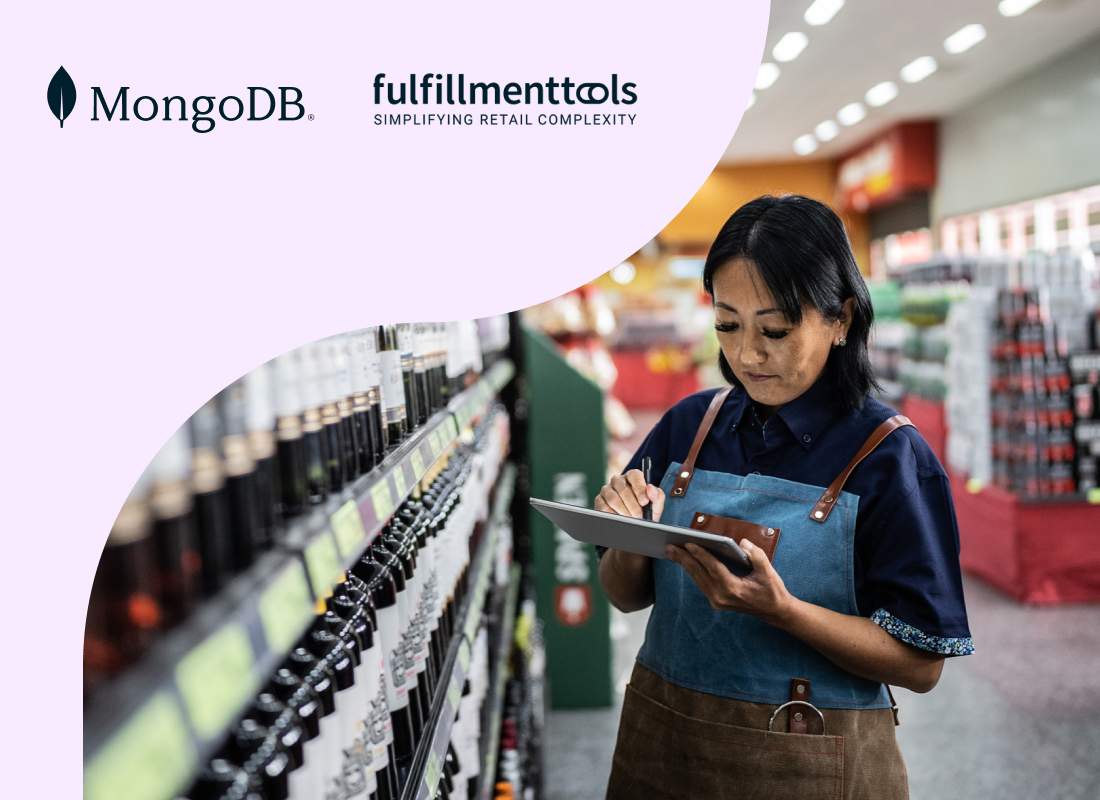 An illustration of a woman working in a store with a tablet in her hand.