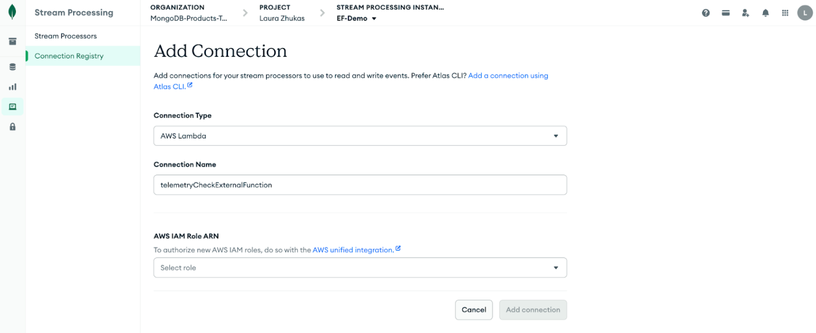 Screenshot of the Atlas UI for adding a AWS Lambda connection.