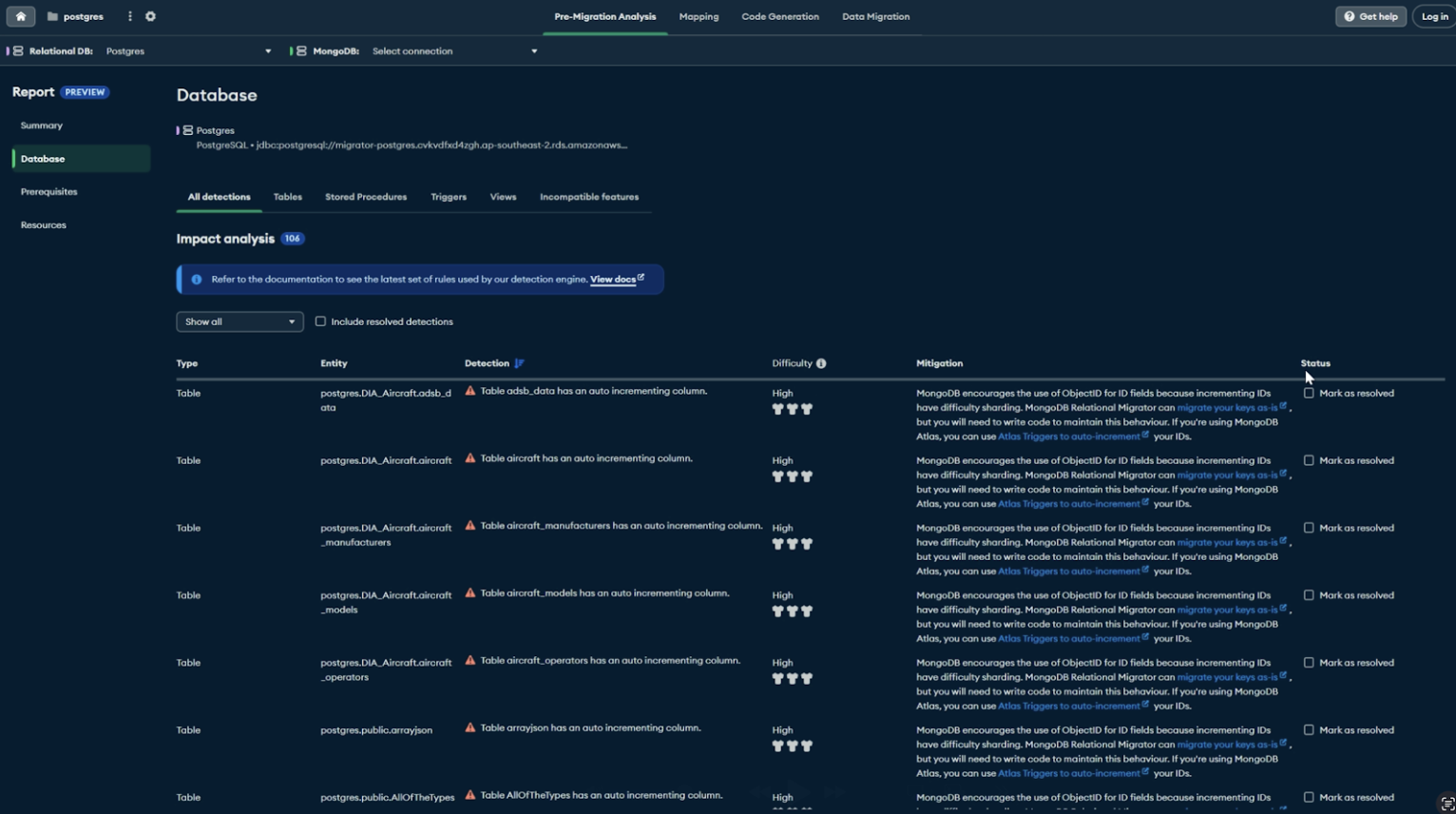 Screenshot of the pre-migration analysis dashboard showing all the objects that require action before performing migration.