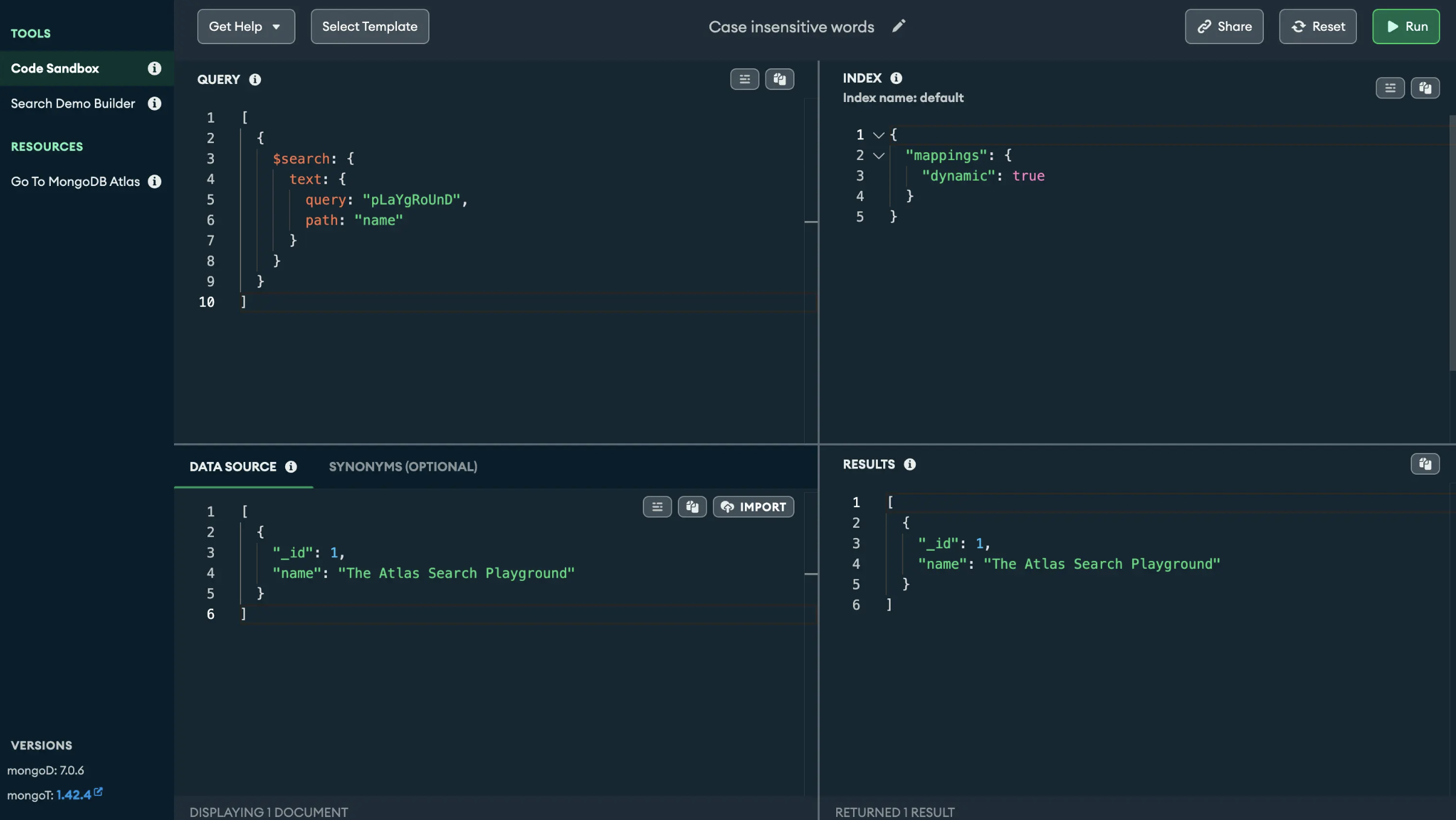 Screen grab of the code sandbox in the Search Playground. 