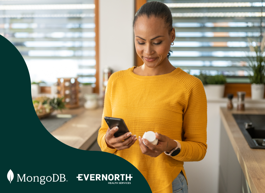 Woman holding a smartphone and checking a healthcare product with her other hand.