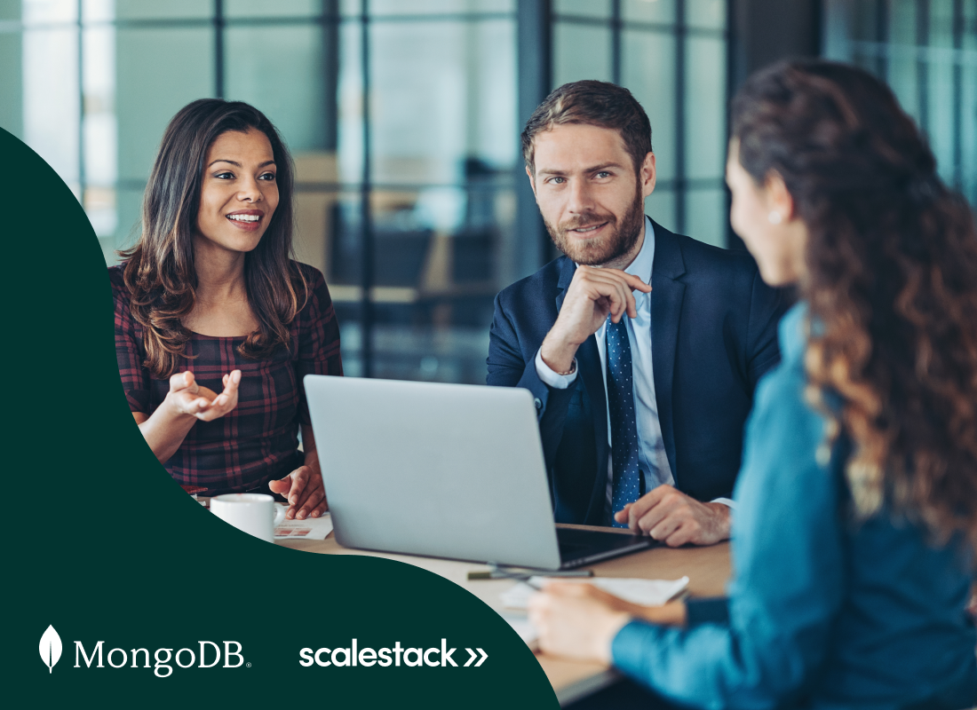An illustration of three people having a business conversation in the office.