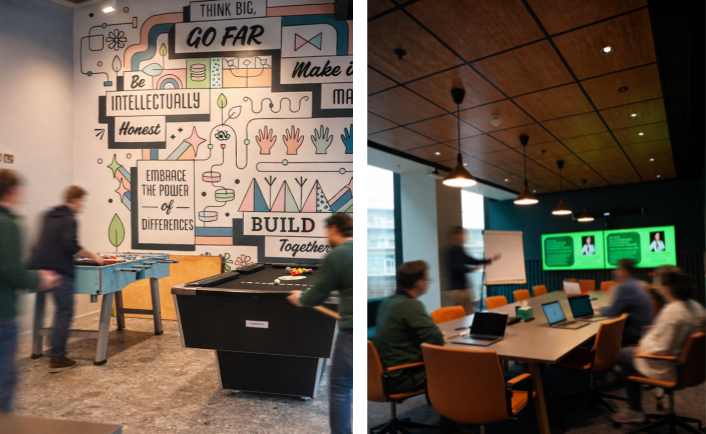 The image on the left shows employees taking a break by playing foosball and billiards together. The image on the right shows employees gathered at a table with open laptops and a larger screen with a presentation. 