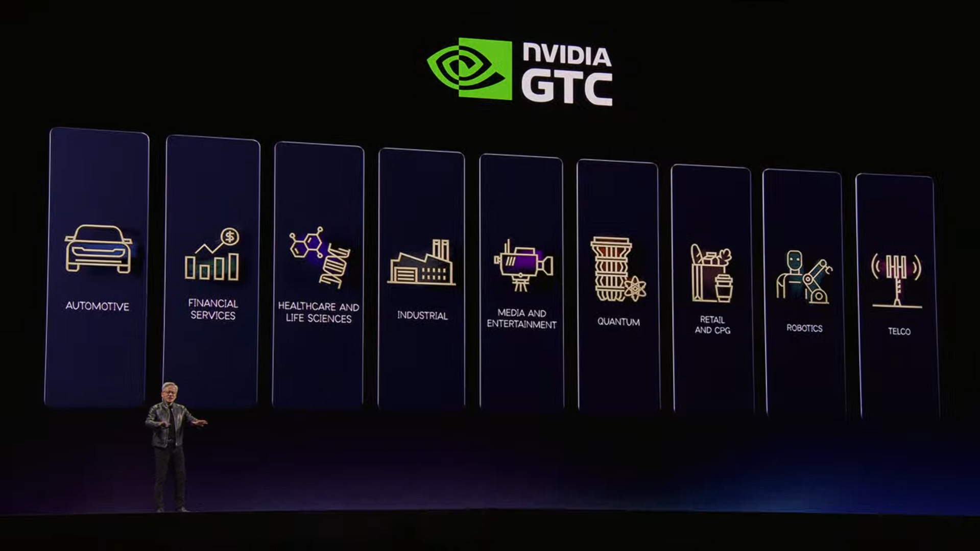 NVIDIA Industry Presence: Automotive, Financial, Healthcare, Industrial, Quantum, Retail, Robotics, Telco