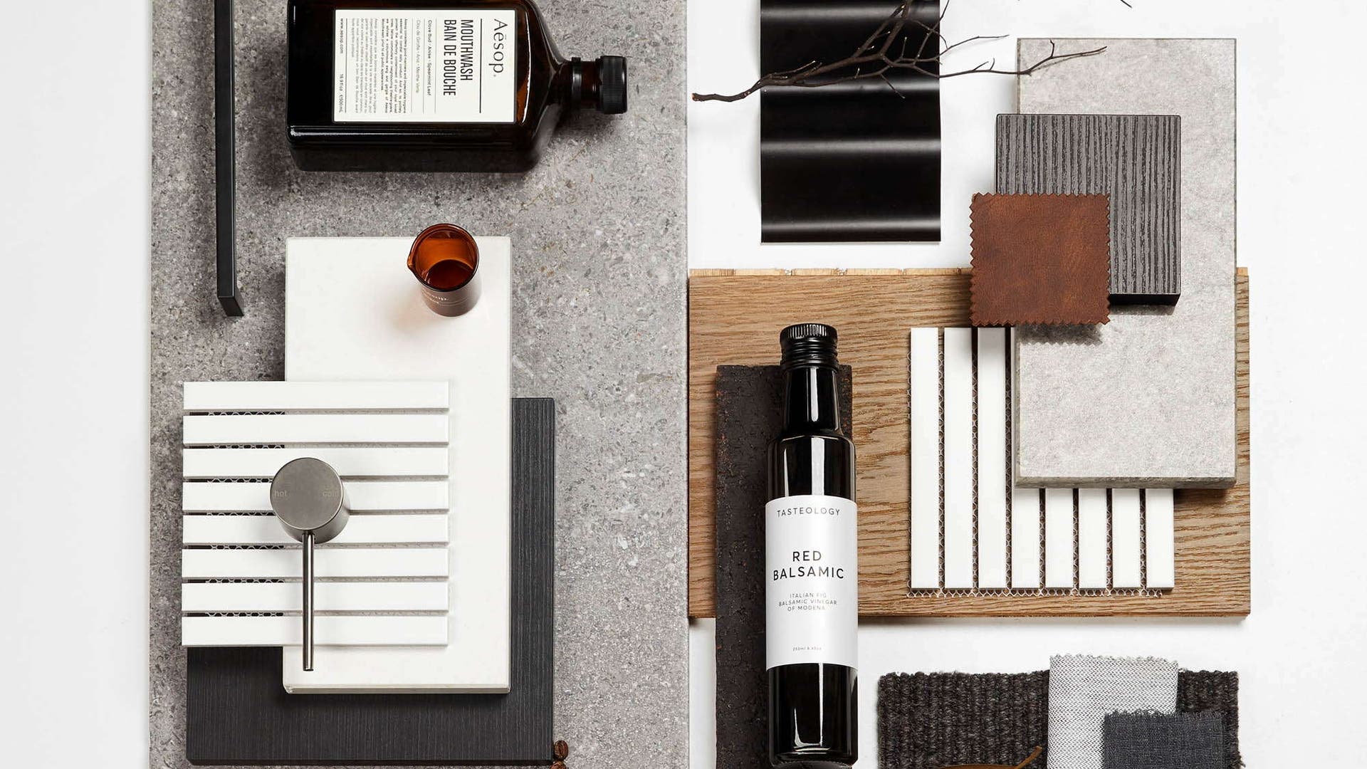 Colour scheme flatlay inspiration called 'architectural' featuring a bold style with the incorporation of monochromatic tones.