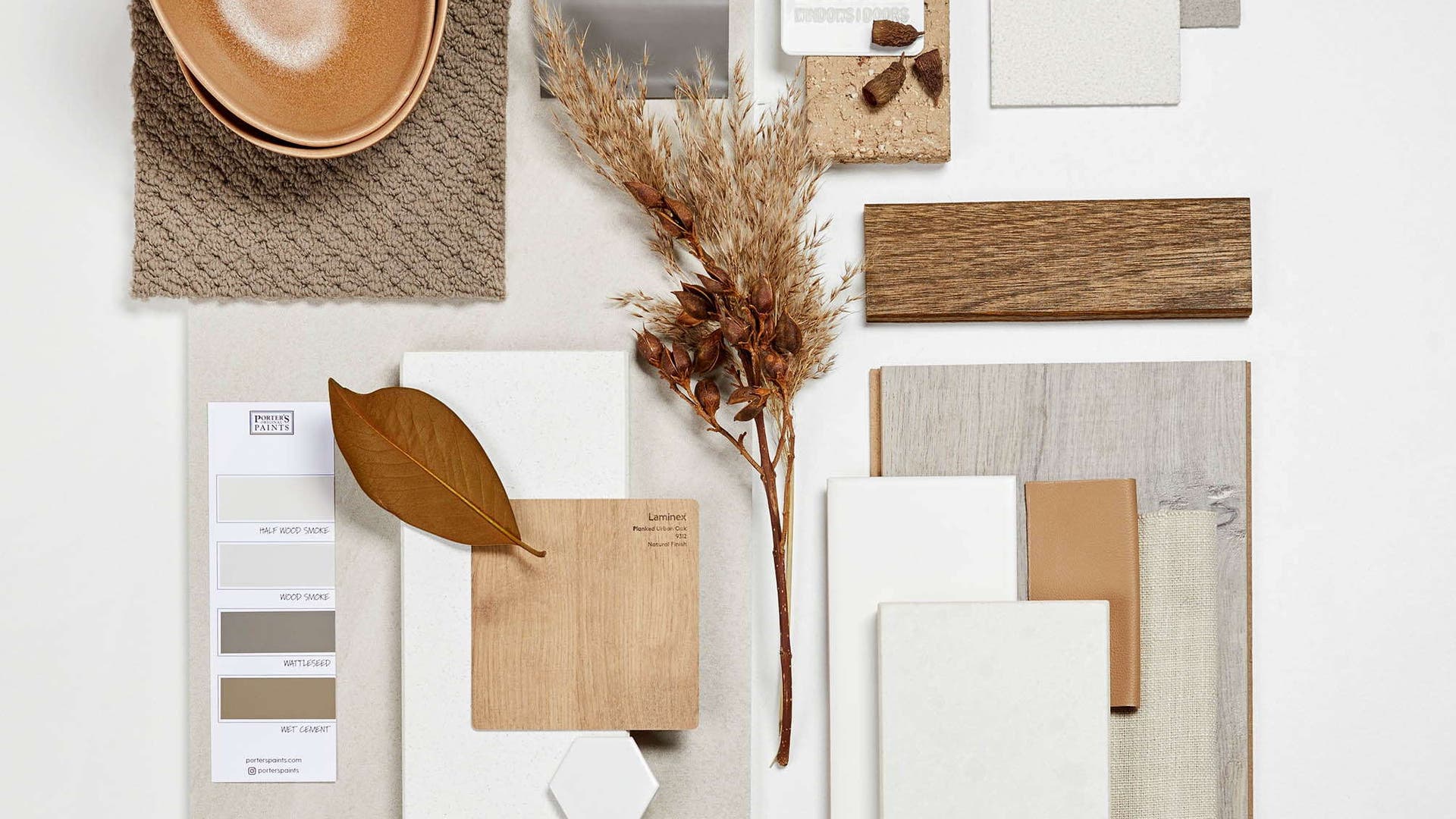 Colour scheme flatlay inspiration called 'retreat'. We see a wonderful play on texture, natural timbers, linens, stone, and warm accents.