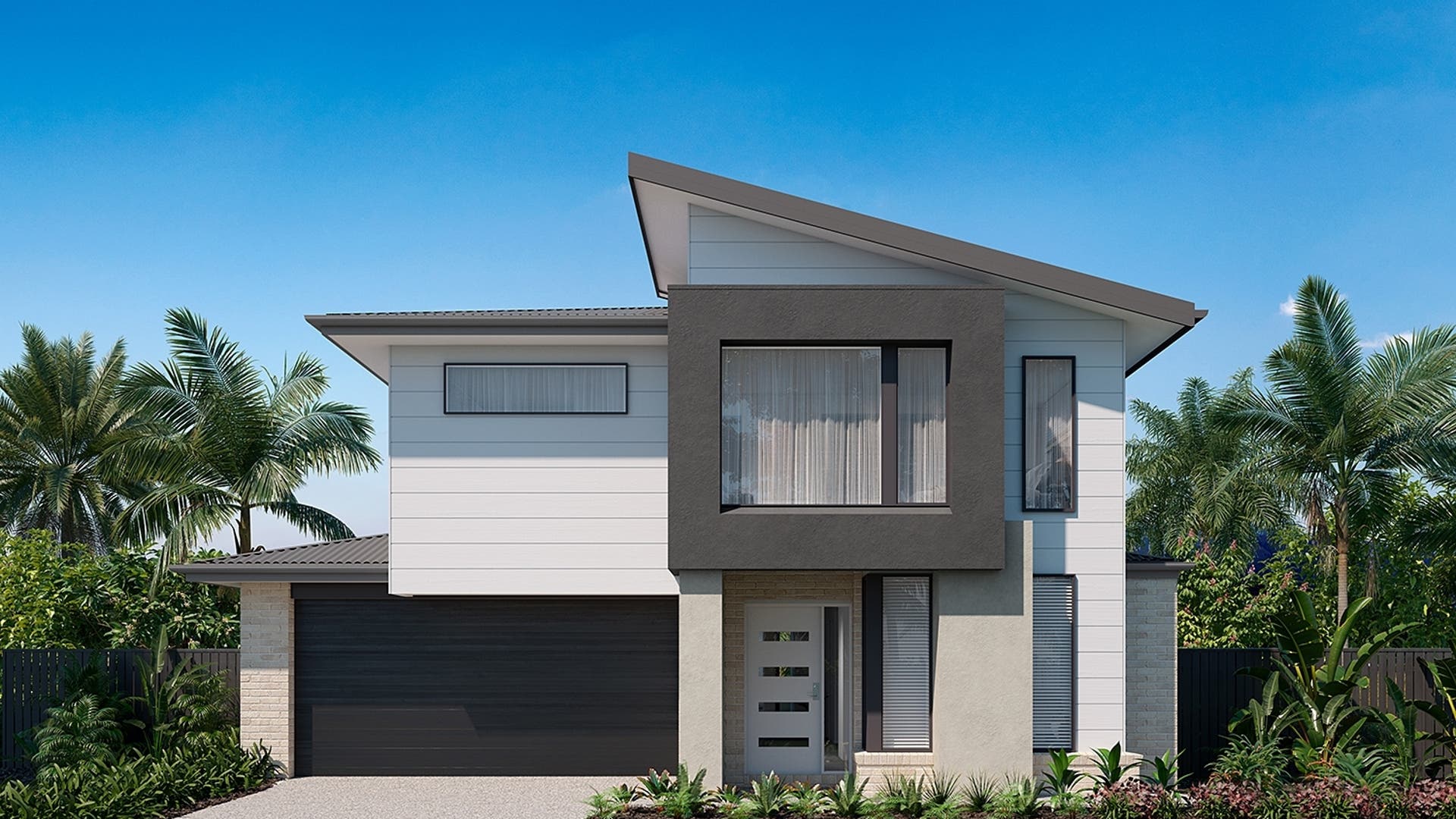 Double-storey grey neutral-toned house design with an asymmetric facade.