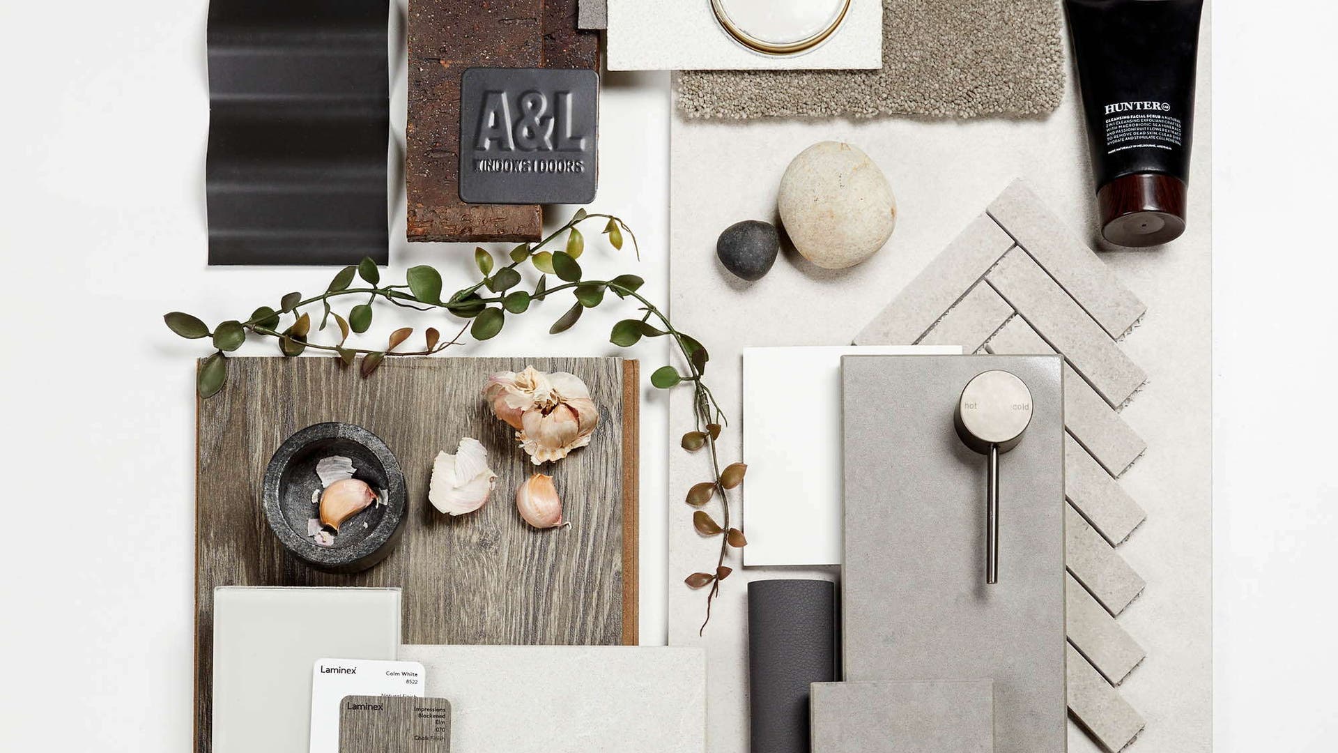 Colour scheme flatlay inspiration called 'loft'. he simplistic look is created with moody greys, dark timbers and beautifully crafted fabrics.