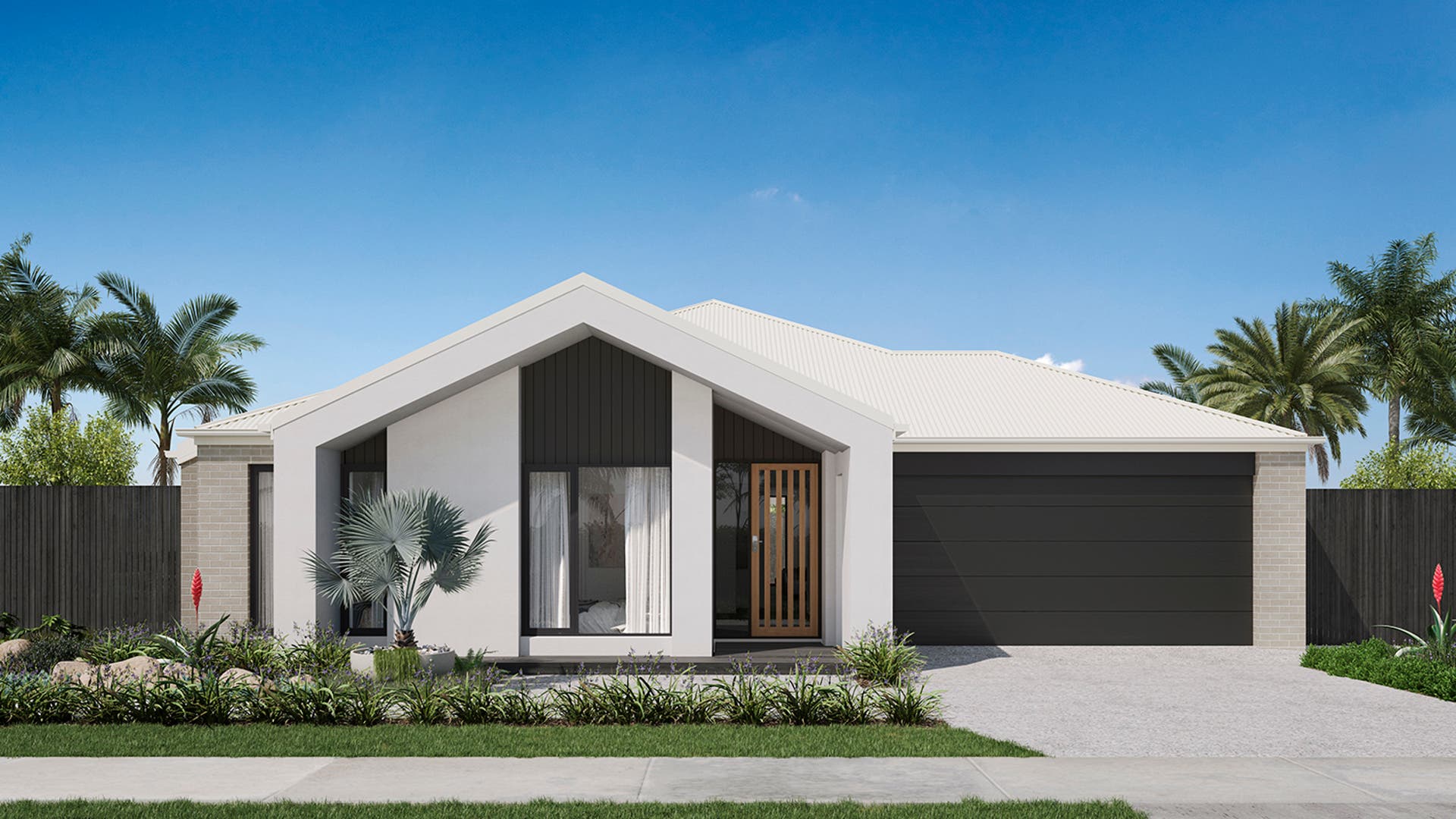 Single-storey home design with a black and cool-toned grey accent-coloured facade.