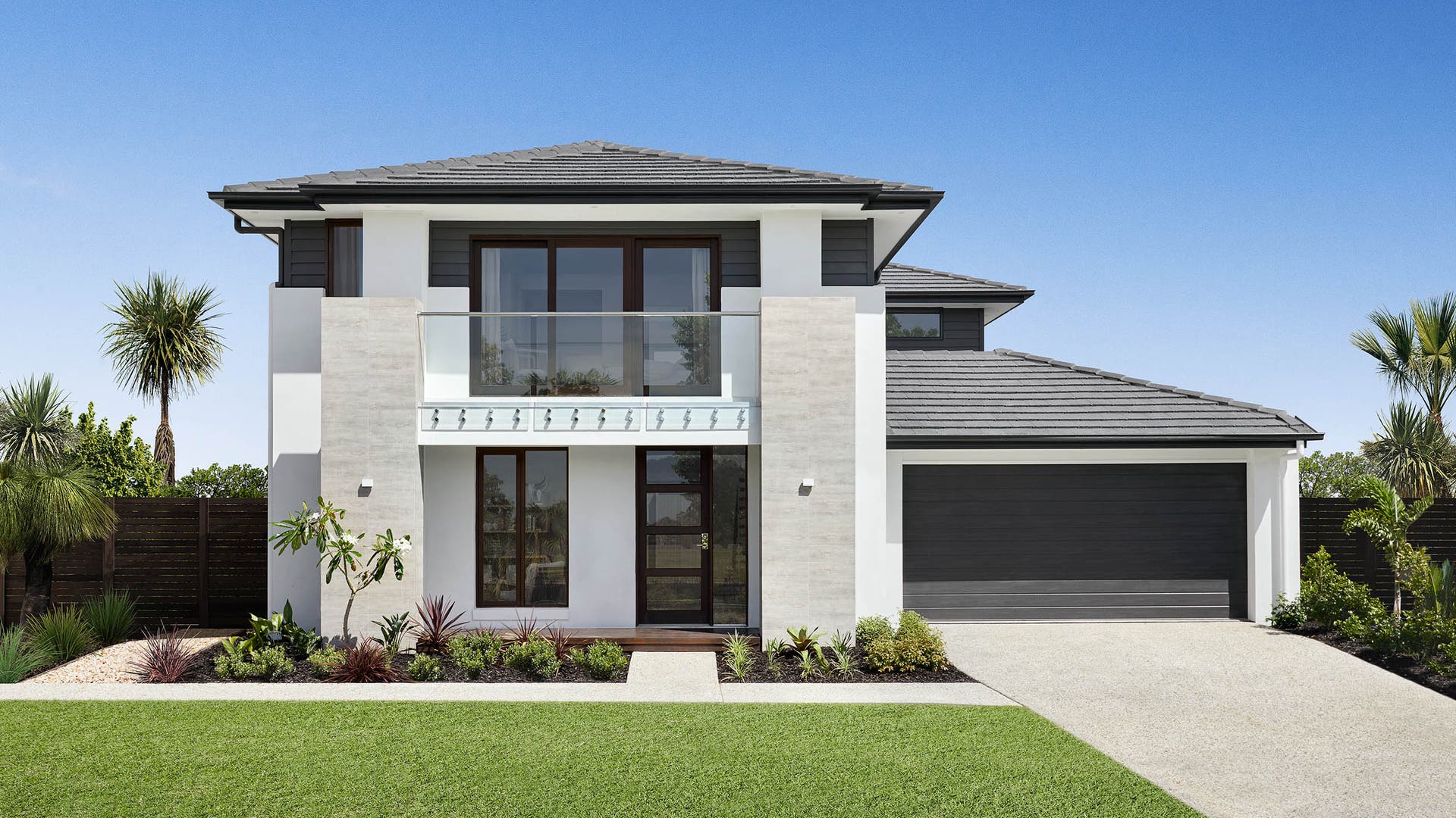 Double storey home design with modern neutral toned facade design.