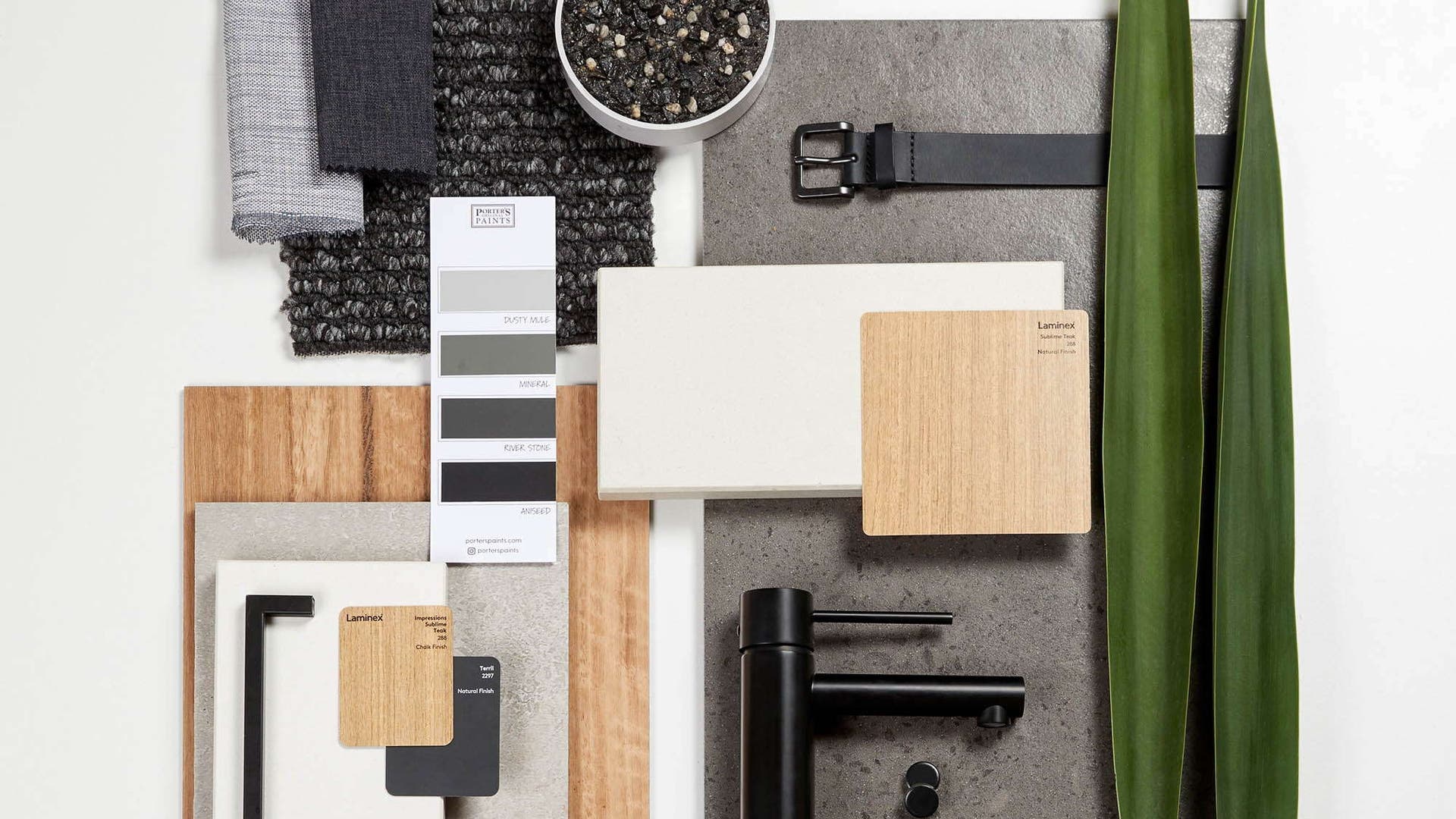Colour scheme flatlay called 'Industrial' that showcases Industrial style or industrial chic refers to an aesthetic trend of interior design that takes clues from old factories and industrial spaces.