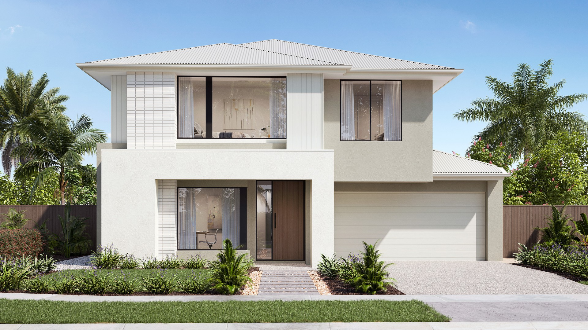 Flood compliant double storey house design with neutral toned facade design