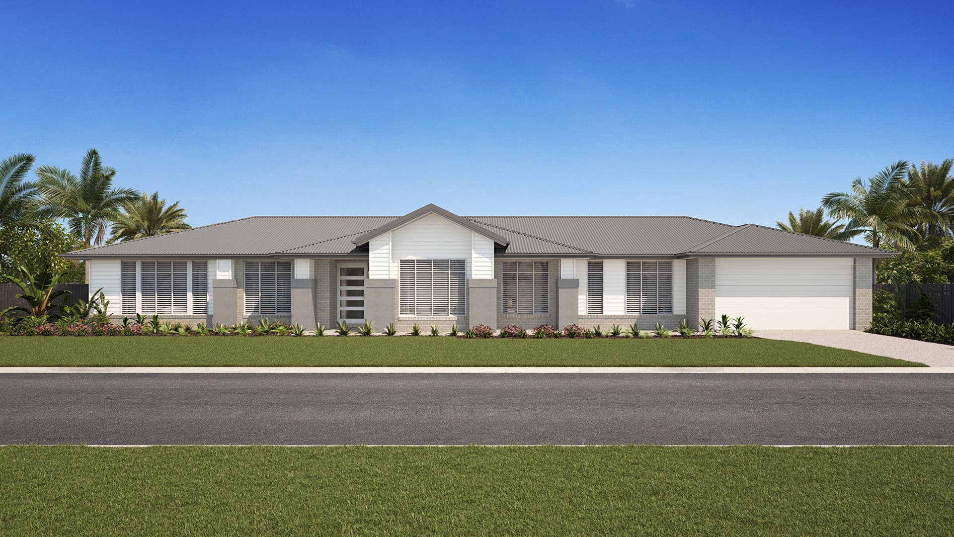 Colorado plantation style home design with warm grey toned coloured facade.